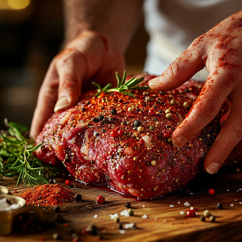 红香料手握大块生肉与香料