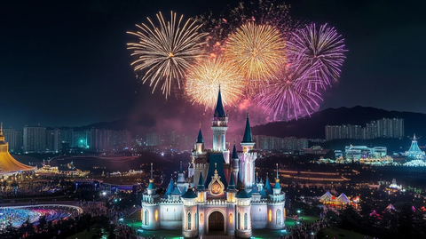 城堡上空绽放绚烂烟花的夜景