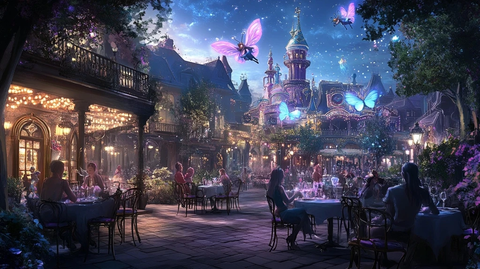 户外餐厅夜景下的城堡氛围