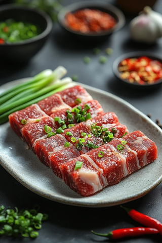 生猪肉片与香料摆盘