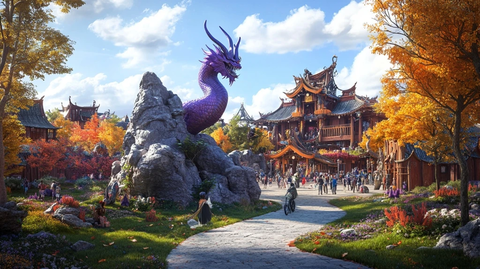 龙形雕塑与古建筑并存的特色景点