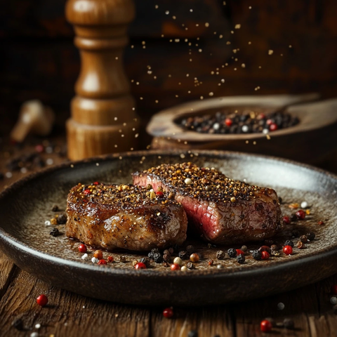 胡椒牛排与木桌摆盘