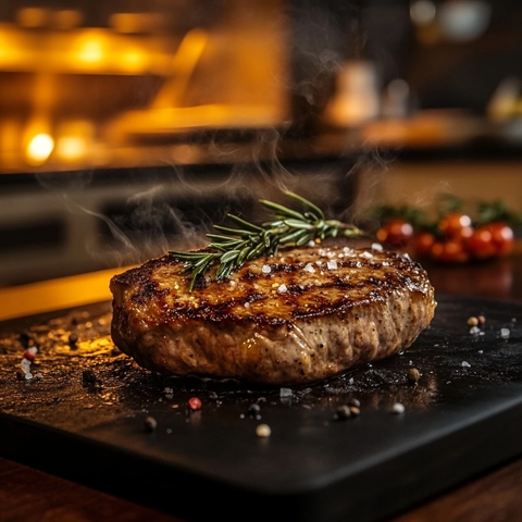 烤牛排木盘摆放厨房背景