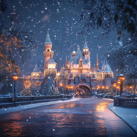 雪中城堡夜景灯火通明的童话世界