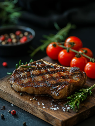 烤肉牛排配迷迭香番茄