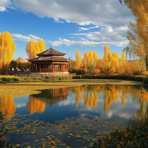 湖边古亭秋景倒影如画