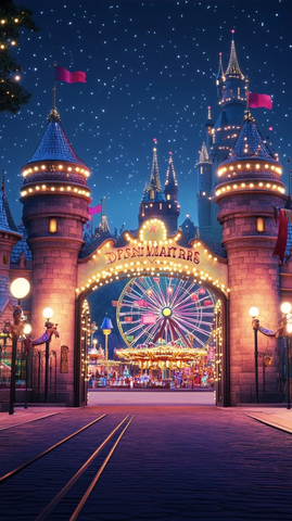 迪士尼城堡大门夜景全景