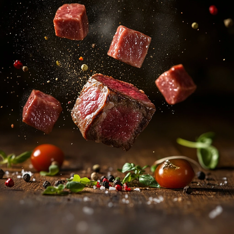 悬浮牛肉块与香料蔬菜