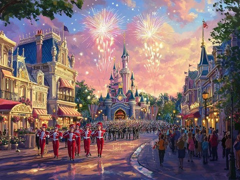 迪士尼城堡前人群聚集观赏烟火秀