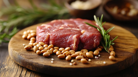 木盘上的肉与豆
