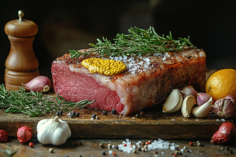 生牛腩撒盐与芥末调料