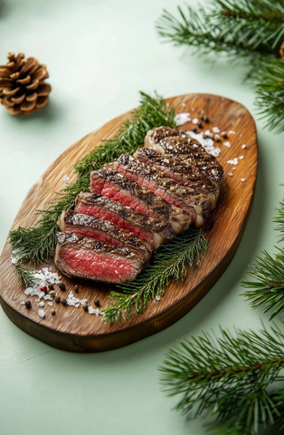 核桃木板上的牛排与绿植