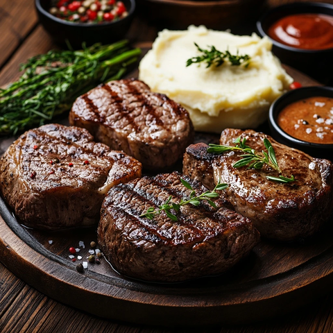 烤牛排配蒜泥土豆奶油菠菜