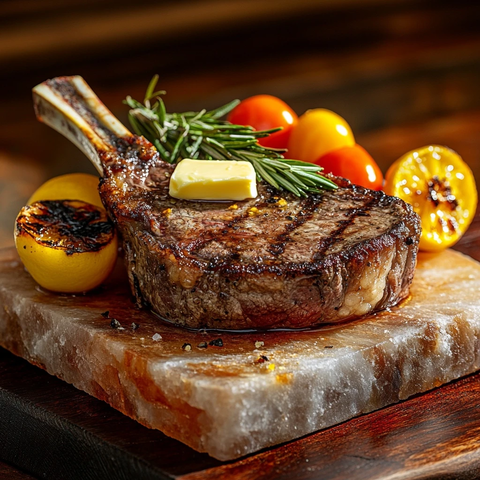 战斧牛排配黄油迷迭香盐块