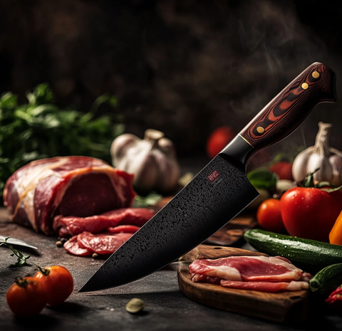 黑色刀刃木柄刀具摆放静物