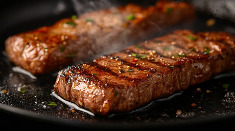 煎牛排特写锅底滋滋作响