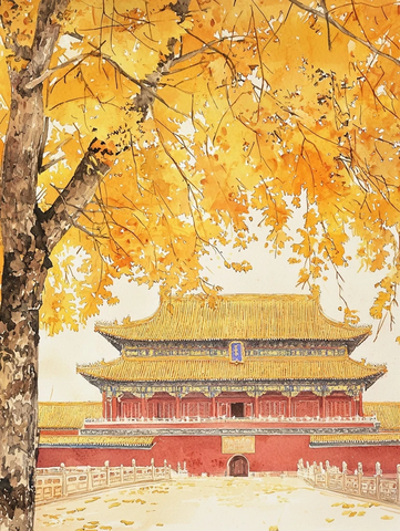 金黄树叶下的故宫古建筑