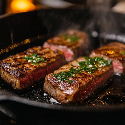 煎制牛排的特写照片