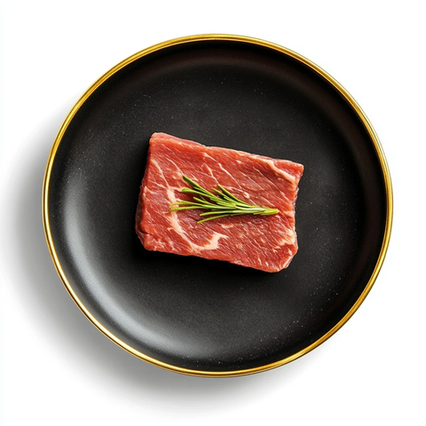 黑陶瓷盘装牛排顶视图