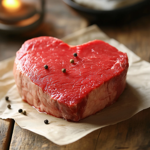 红肉牛排心形摆放木桌