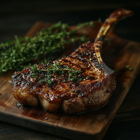 木板上的火烤战斧牛排