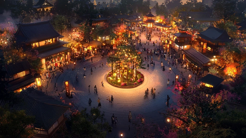 灯火辉煌的古风小镇夜景俯瞰图