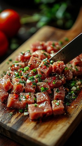 刀切肉片与肉末特写