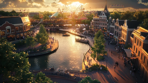 黄昏下的欧式风情游乐园鸟瞰全景