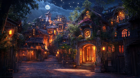 古色古香的夜间小镇灯火通明静谧优美