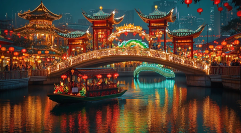 灯火辉煌的中式桥梁夜景