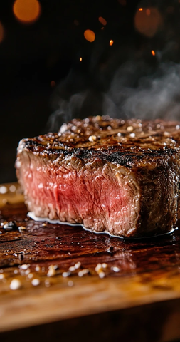 烤制牛排滴水木板近景