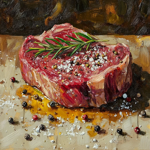 牛排撒盐胡椒木桌油彩画