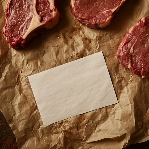 牛排与食谱卡在纸上