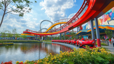 色彩缤纷的游乐园过山车设施全景