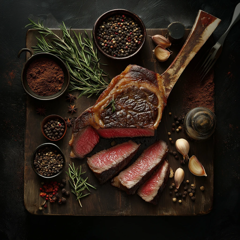 切片战斧牛排香料木板