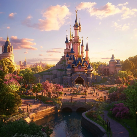 童话城堡风景图城堡尖顶与小河相映