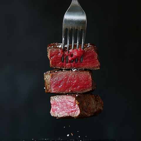 叉子穿透三块红肉插桌面