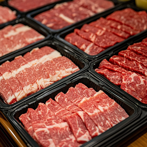 黑色塑料托盘盛装粉色牛肉片