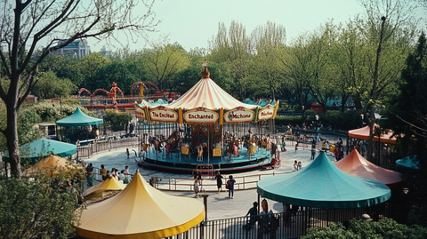 游乐园中的旋转木马及多彩帐篷景致