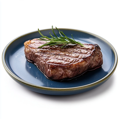 蓝色盘子上的熟牛排