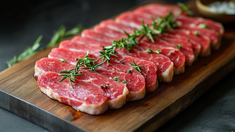 木板上的生肉与迷迭香