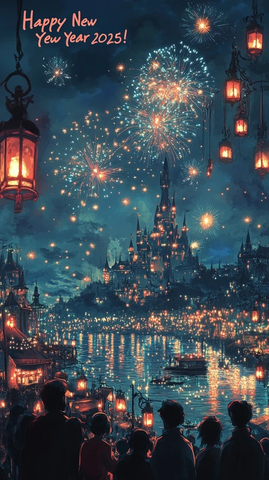 人们观赏城堡夜景烟花迎接新年