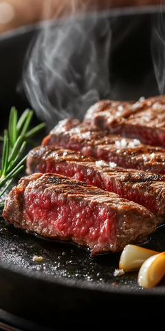 雪花牛肉在热锅上滋滋作响