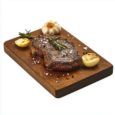 木板上的牛排配迷迭香大蒜