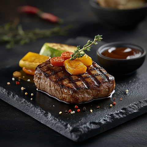 牛排蔬菜搭配酱料特写