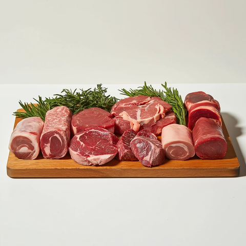 整齐切割肉类摆放木板