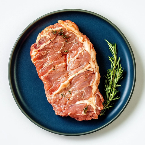 无脂瘦猪肉牛排蓝盘摆放