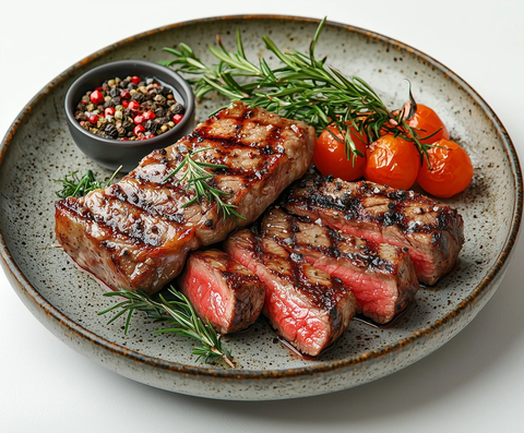 烤牛排置白盘中心