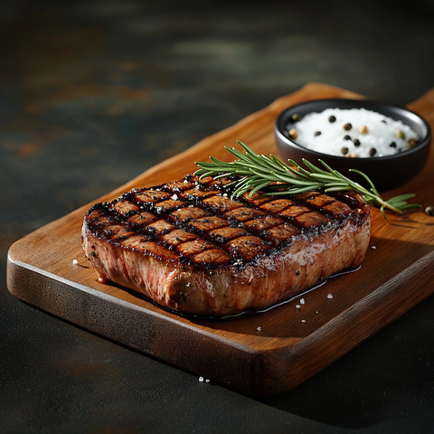 木板上的烤牛排配香草盐和胡椒