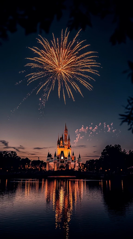 迪士尼城堡夜空烟火璀璨全景
